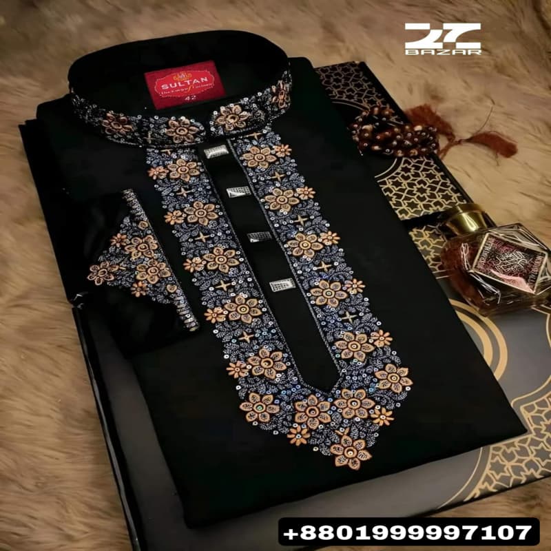 China Micro Febrics Premium Sequence Embroidery Luxury Panzabi (Black)